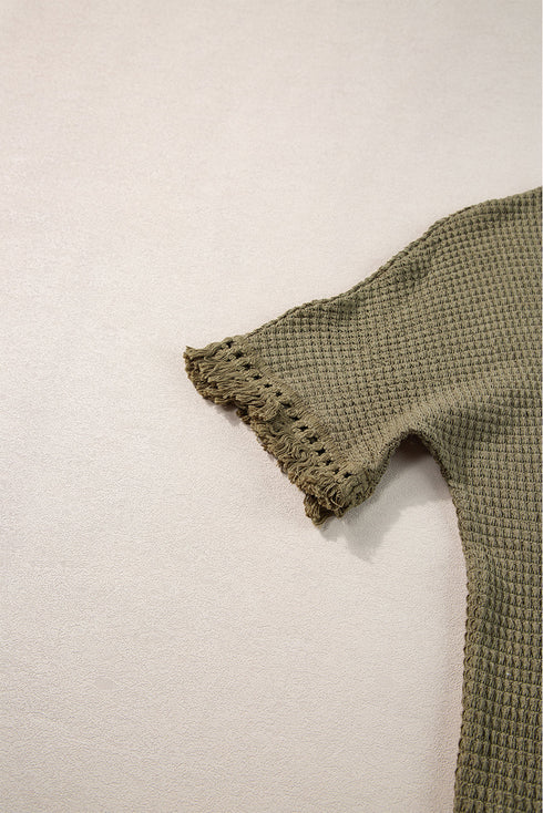Solid Waffle Knit Fringe Trim Textured Short Set