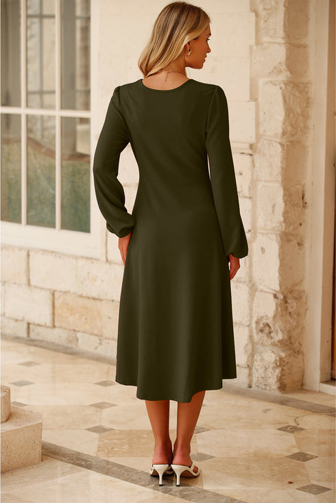 Viscose Polyester Ruched Long Sleeve Midi Dress