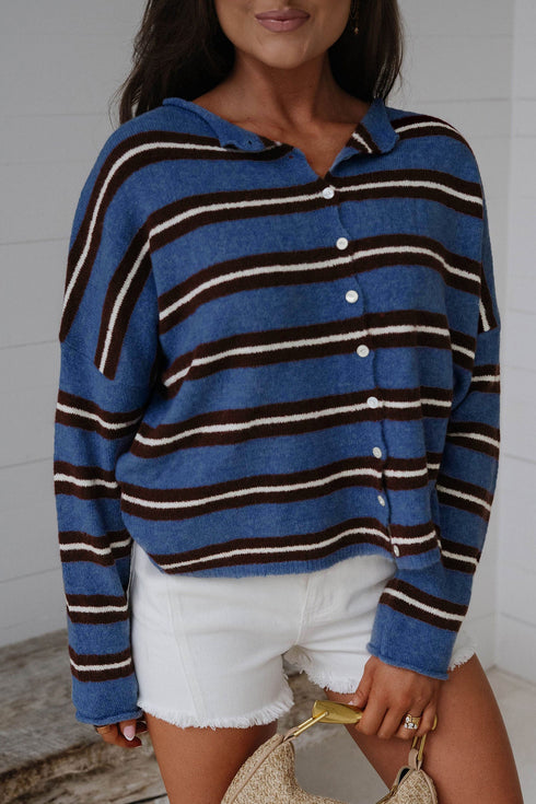 Acrylic Striped Pattern Drop Shoulder Button Cardigan