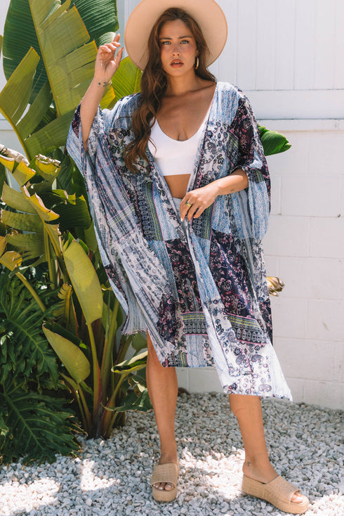 Bohemian Patchwork Print Open Front Resort Kimono