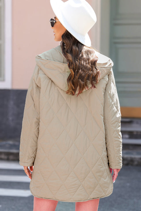 Solid Quilted Snap Button Hooded Puffer Coat