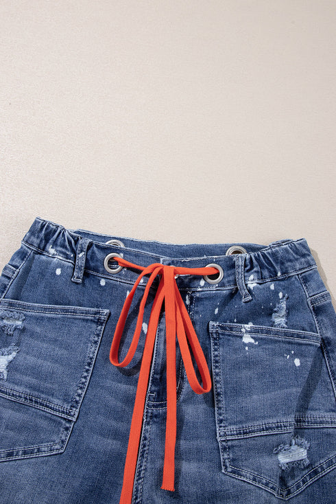 Distressed Splatter Paint Rope Waist Cropped Straight Leg Jeans