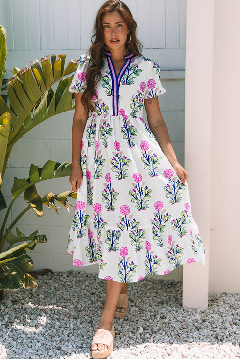 Floral Puff Short Sleeve V Neck High Waist Maxi Dress