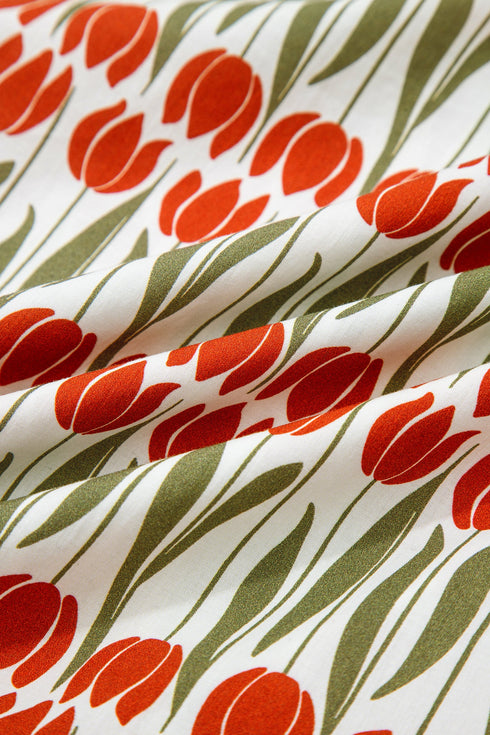 Rick Rack Tulip Print Puff Sleeve Cotton Floral Dress