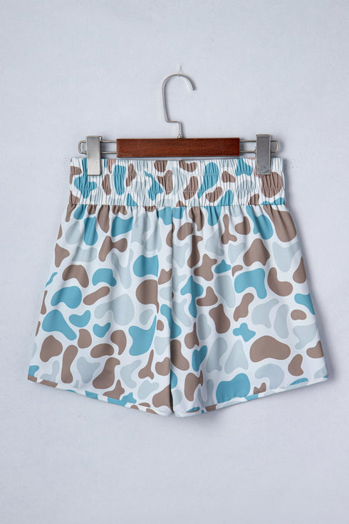 Camouflage Print Shirred High Waist Athleisure Casual Shorts