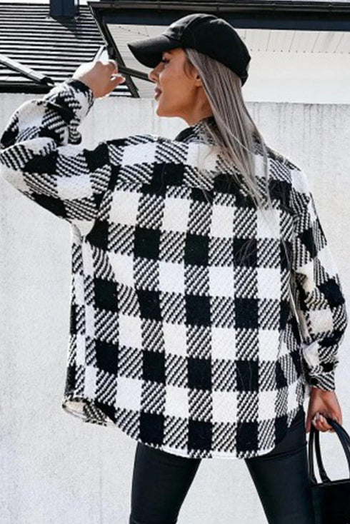 Modern Textured Plaid Print Flap Pocket Shacket