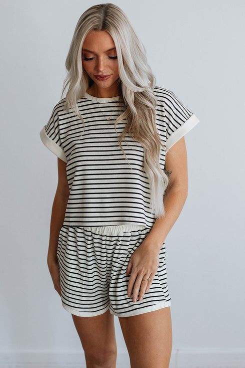 Ribbed Stripe Casual Tee And Matching Shorts Set