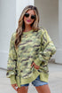 Camouflage Waffle Knit Raw Edge Trim Oversized Long Sleeve Top