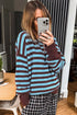 Striped Pattern Loose Crew Neck Cuffed Sweater