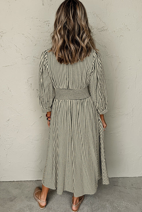 Modern Striped Zip Front Cinched High Waist Midi Dress