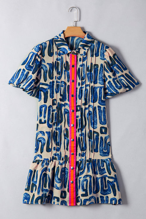 Abstract Print Bubble Sleeve Button up Mini Dress