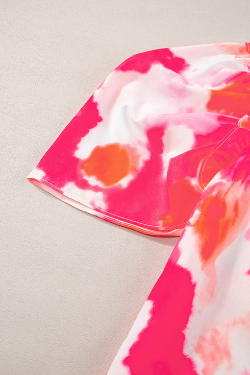 Abstract Burst Print Puff Sleeve Button Front Shirt