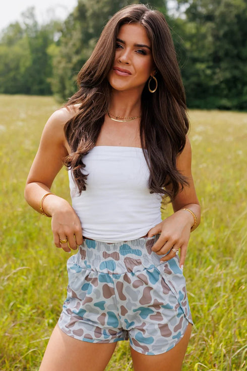 Camouflage Print Shirred High Waist Athleisure Casual Shorts