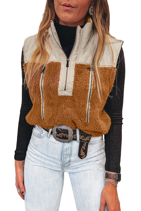 Western Patchwork Sherpa Fleece Zip Up Stand Neck Vest