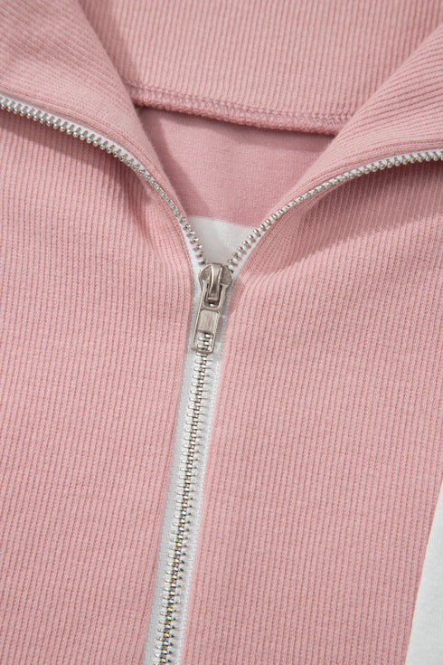 Striped Half Zip Bracelet Sleeve Seam Detail Short Set