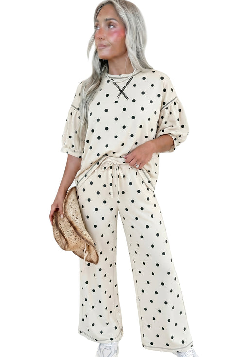 Polka Dot Half Sleeve Loose Top Elastic Waist Pant Set