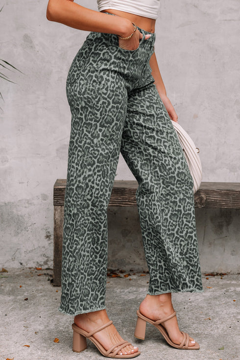 Western Style Leopard Print Frayed Edge Wide Leg Jeans