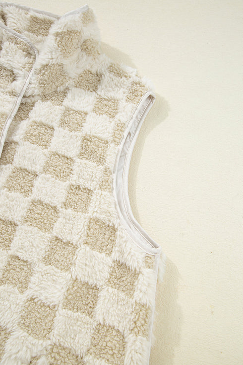 Checkered Sherpa Fleece Snap Button Pocket Vest