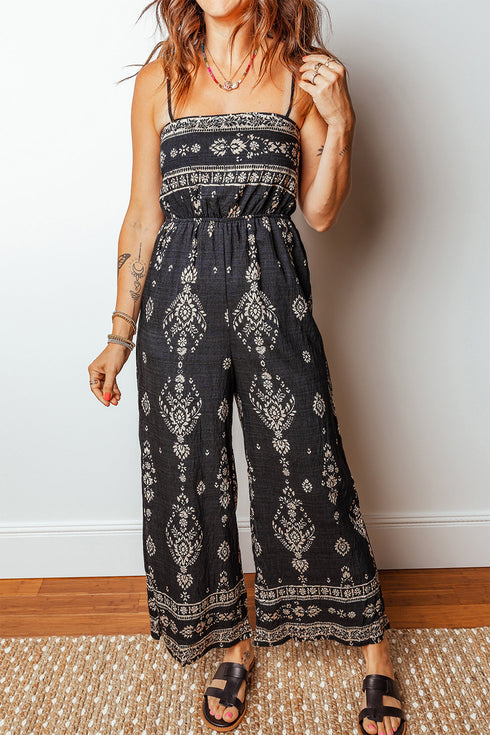 Bohemian Ethnic Print Spaghetti Strap Wide Leg Jumpsuit