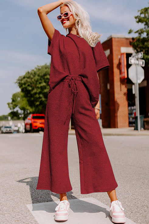 Textured Solid Loose Fit Wide Leg Pant Set