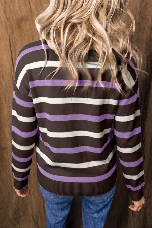 Stripe Embroidered Detail Drop Shoulder Pullover Sweater