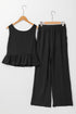 Textured Ribbed Ruffle Tank Top Wide Leg Pant Set