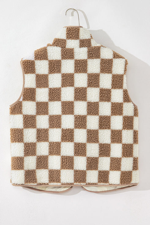 Casual Checkered Print Fleece Sherpa Collared Vest