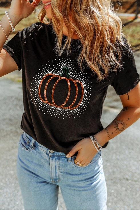 Rhinestone Pumpkin Graphic Print Short Sleeve Tee