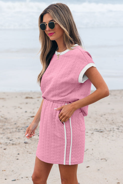Textured Contrast Trim Crewneck Pocketed Two Piece Dress
