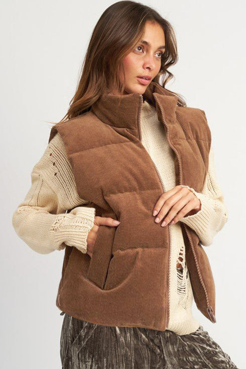 Textured Corduroy Stand Neck Zipped Puffer Vest