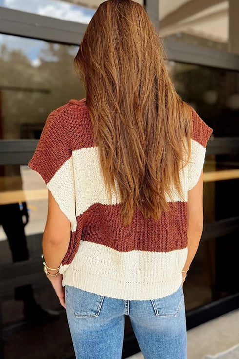 Striped V Neck Loose Knit Short Sleeve Sweater