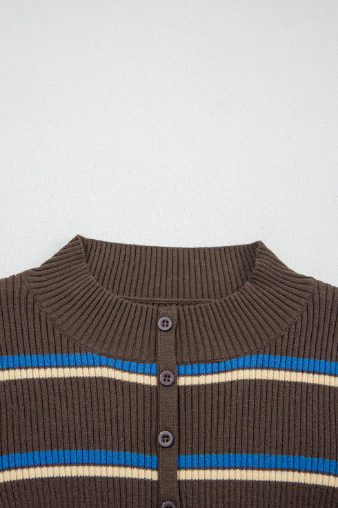 Striped Ribbed Knit Cuff Henley Button Sweater