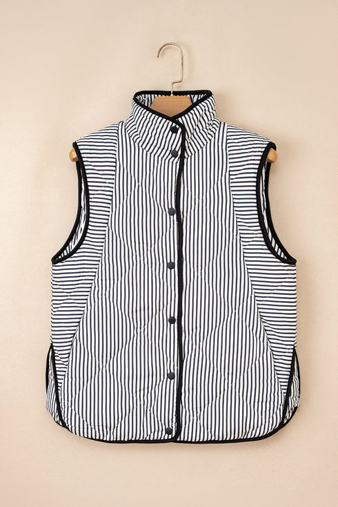 Stripe Print Contrast Trim Quilted Snap Button Vest