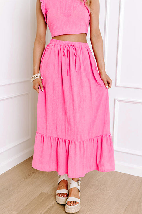 Textured Ruffle Trim Crop Vest Long Skirt Two Piece Dress
