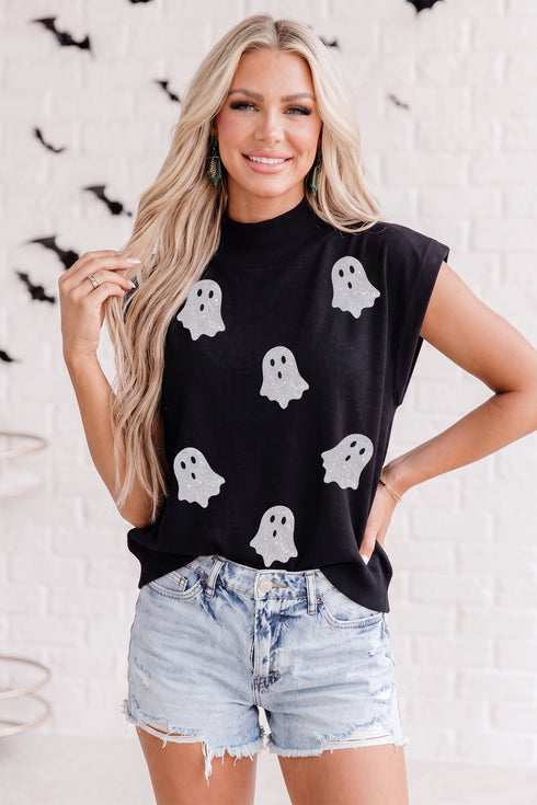 Glitter Ghost Print High Neck Graphic Tank Top