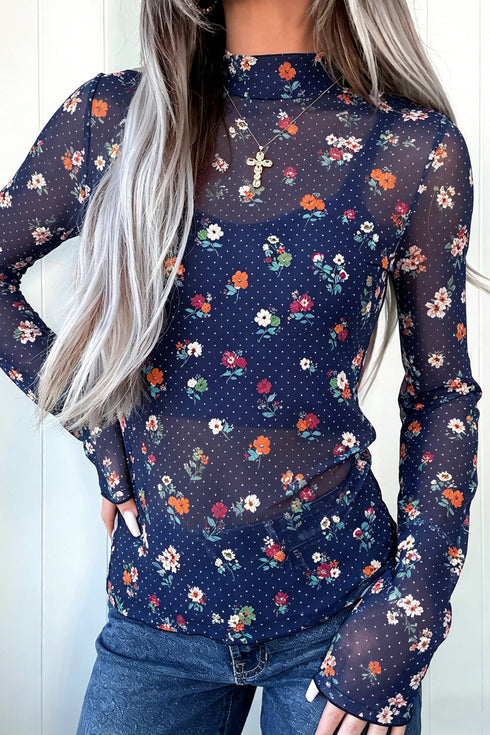 Polka Dot Floral Mesh Long Sleeve High Neck Pullover Sheath Top