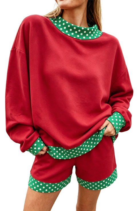 Polka Dot Trim Baggy Pullover Two Piece Short Set