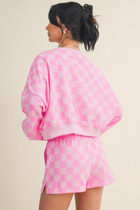 Plaid Long Sleeve Crop Top Elastic Waist Shorts Two Piece Short Set