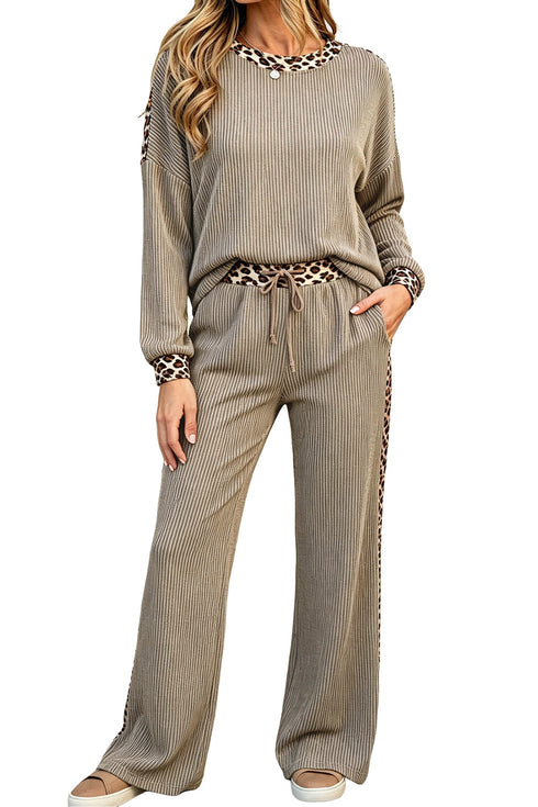 Ribbed Corded Patchwork Leopard Trim Long Sleeve Pant Set