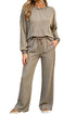 Ribbed Patchwork Leopard Trim Long Sleeve Two Piece Pant Set