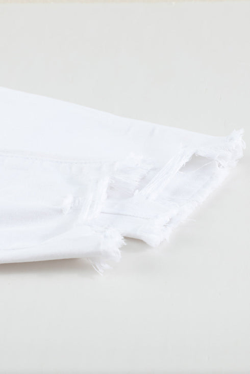 High Waist Button Detail Distressed Cropped Denim Jeans