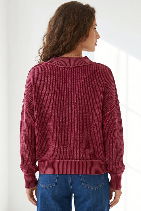 High Neck Ribbed Drop Shoulder Seam Detail Sweater