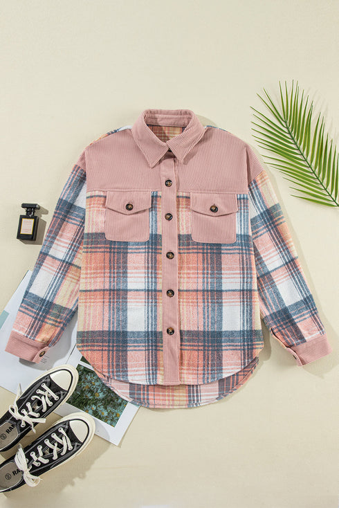 Textured Corduroy Patchwork Chest Pocket Plaid Shacket