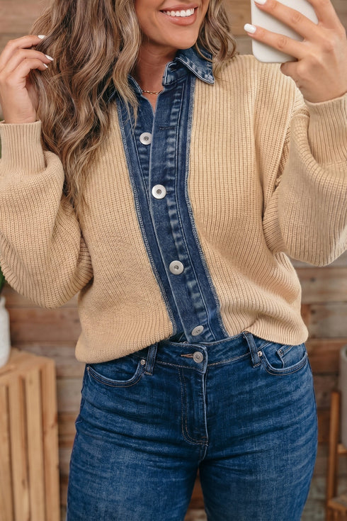 Drop Shoulder Placket Paneling Shirt Collar Long Sleeve Cardigan