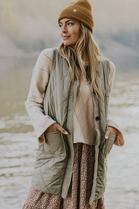 Solid Color Quilted Longline Outerwear Pocket Vest