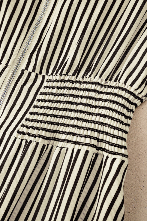 Modern Striped Zip Front Cinched High Waist Midi Dress