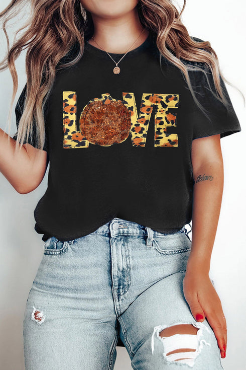 Sequin Pumpkin Leopard Print Love Graphic Tee