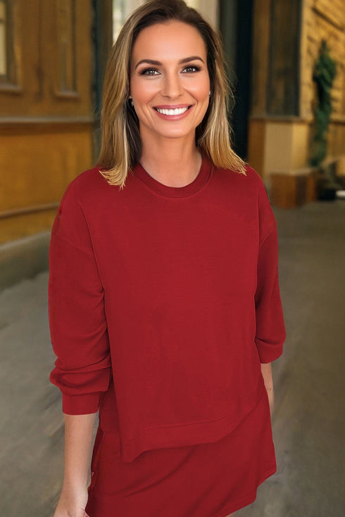 Solid Drop Shoulder Pullover Drawstring Mini Skirt Two Piece Dress