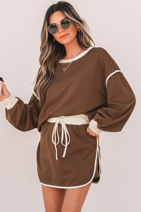 Paneled Loose Pullover And Lace Up Skort Two Piece Set