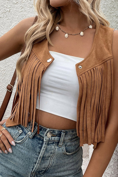 Western Fringed Suedette Faux Leather Snap Button Vest